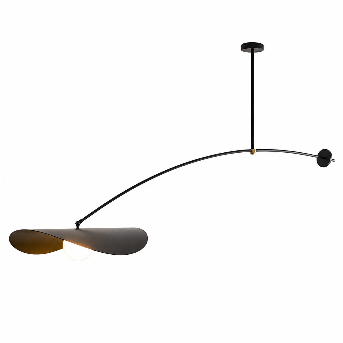 Pivot pendant light with long curved black arm and two-tone cone shades