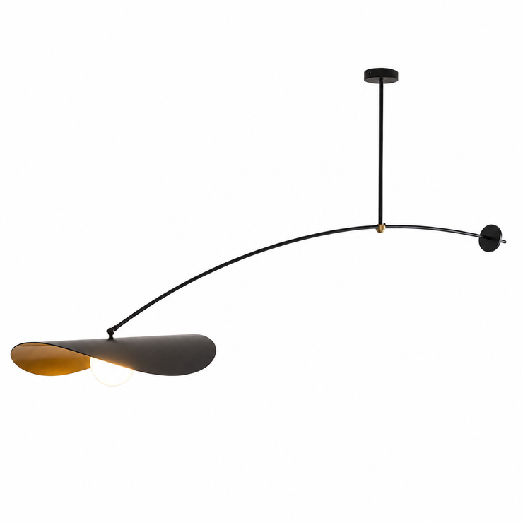Single-arm pendant light with black curved arm and gold inner shade, exposed bulb