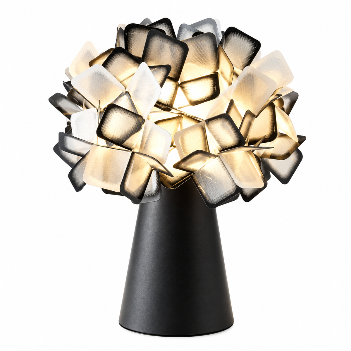 Geometric blossom table lamp with black base and warm white cube light panels.