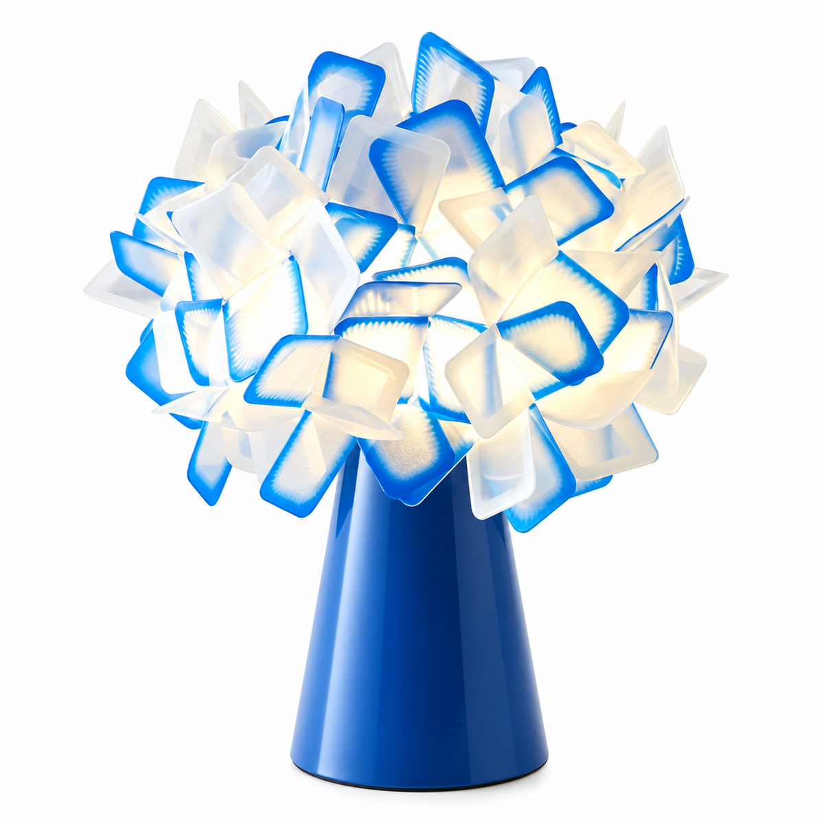 Blue geometric blossom table lamp with glowing blue-and-white cube shade