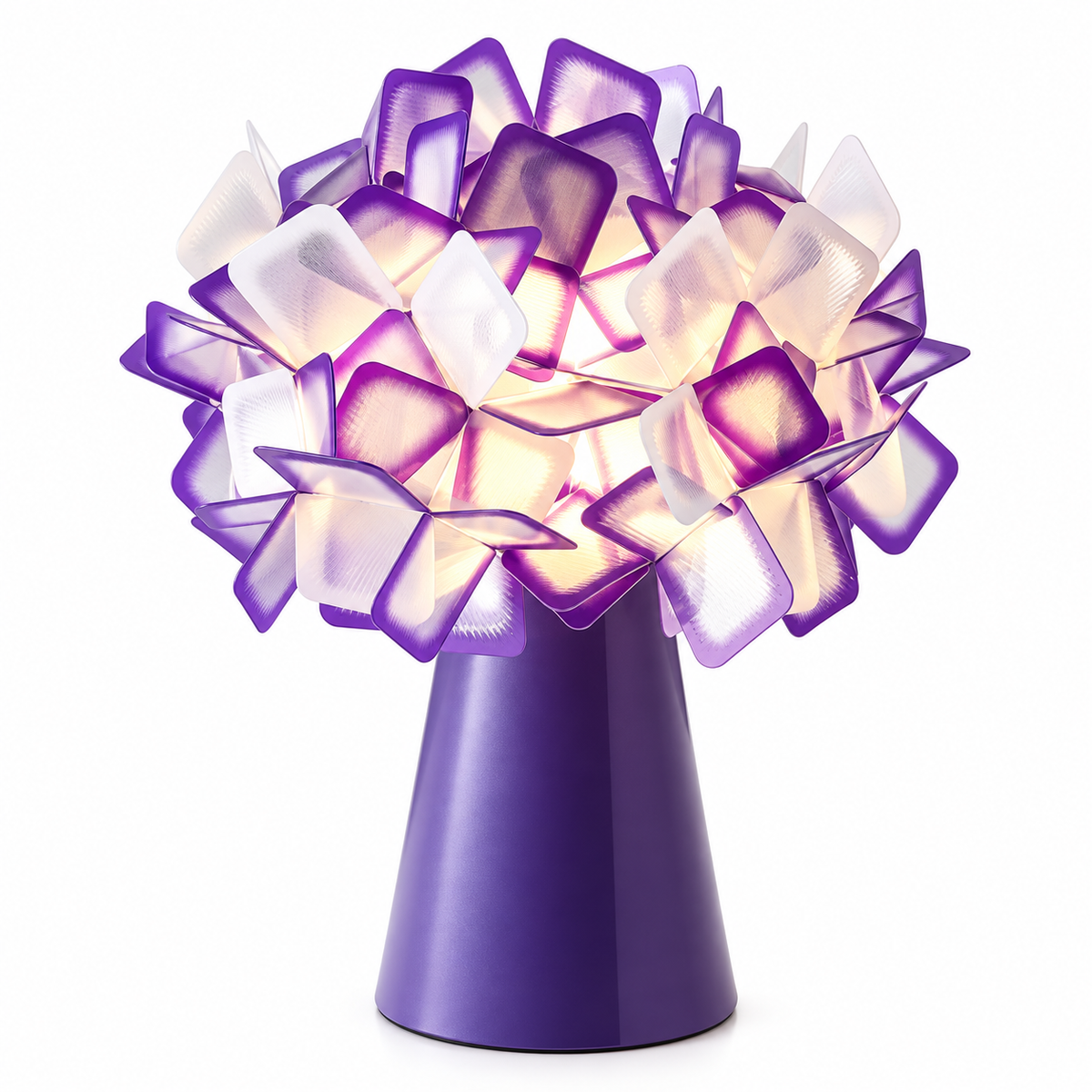 Purple geometric blossom table lamp with glowing purple cube shade