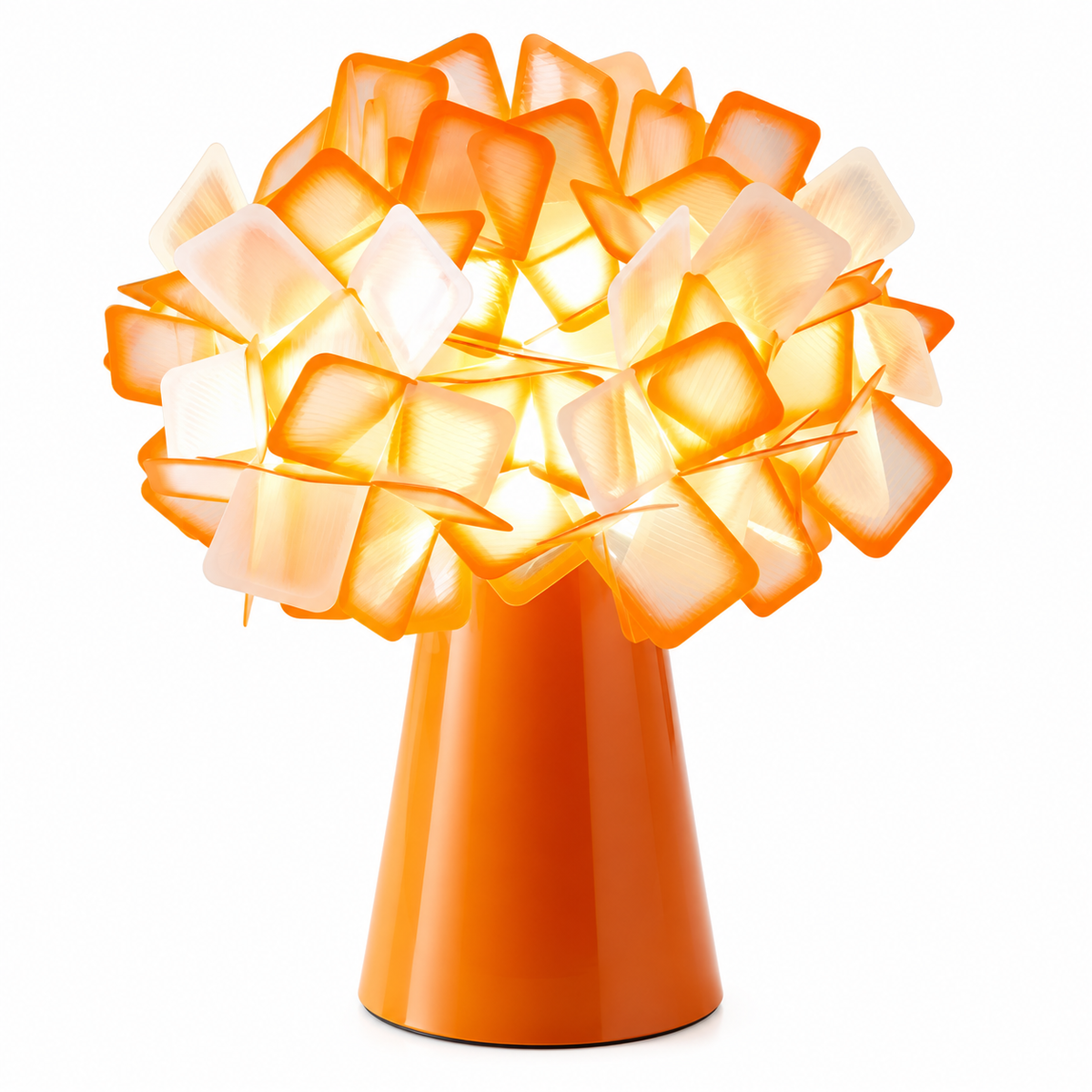 Orange geometric blossom table lamp with glowing orange cube shade