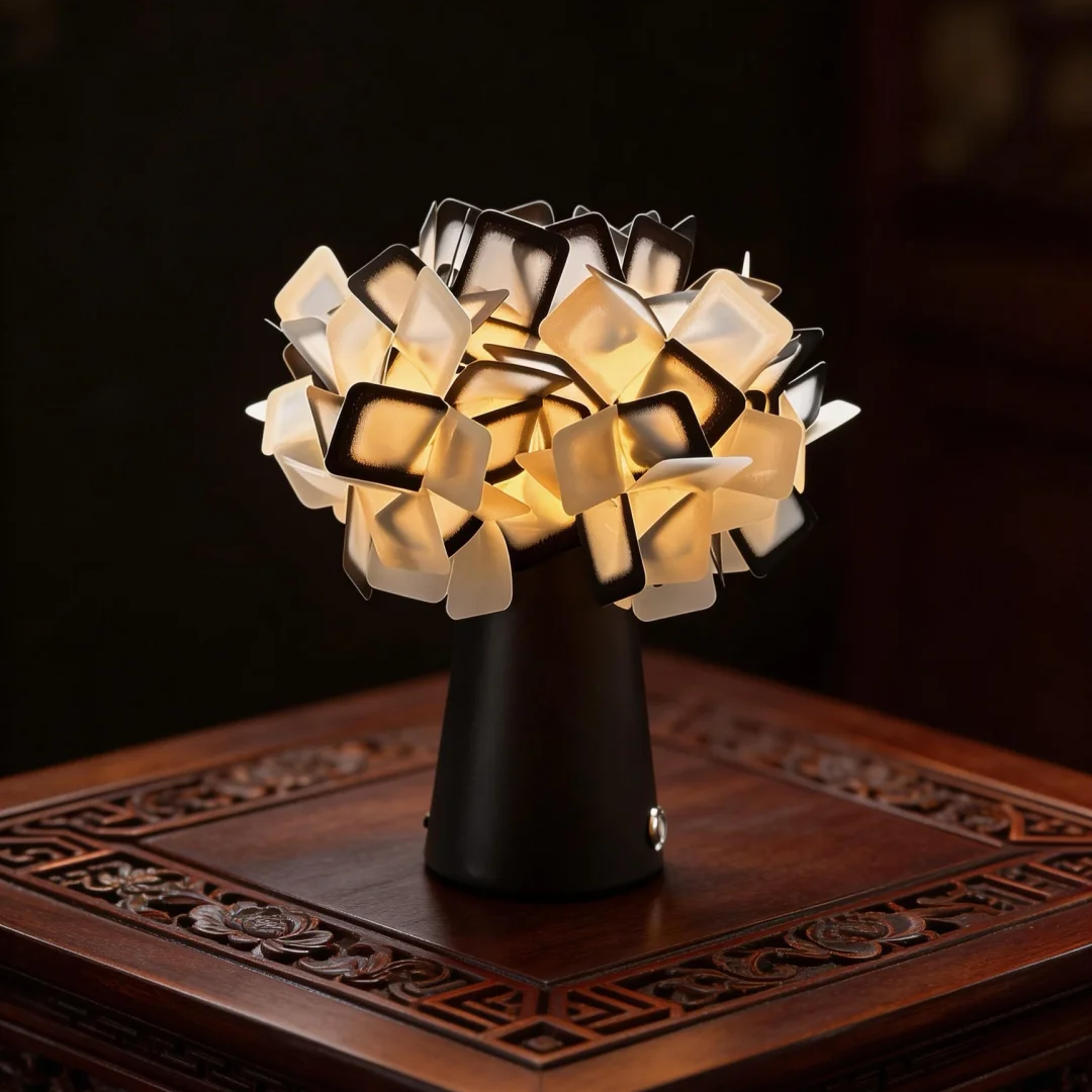 Geometric blossom table lamp with black base and golden warm white cube light shade.