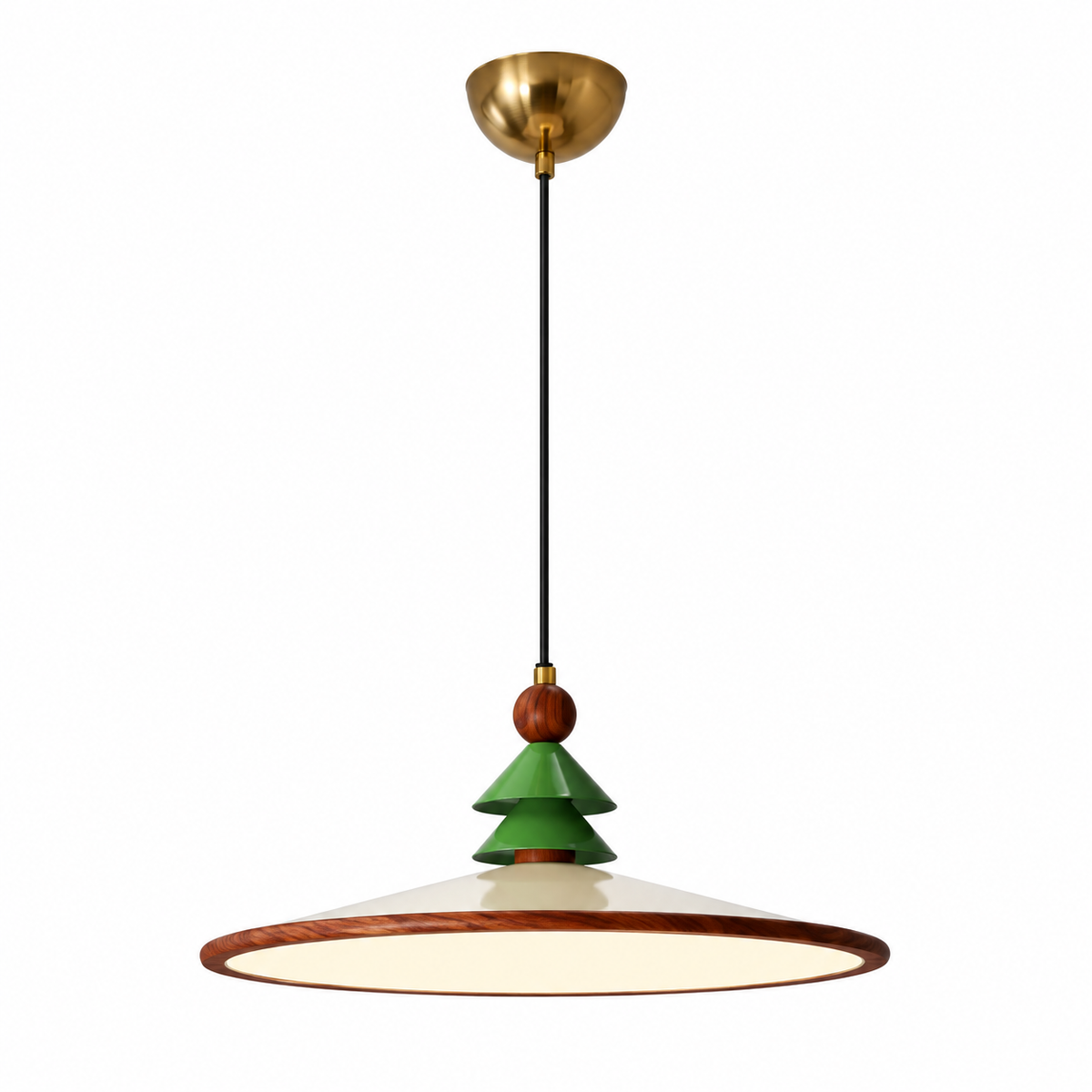 Cone pendant light with brass canopy, green pine cap, and large brown ring shade.
