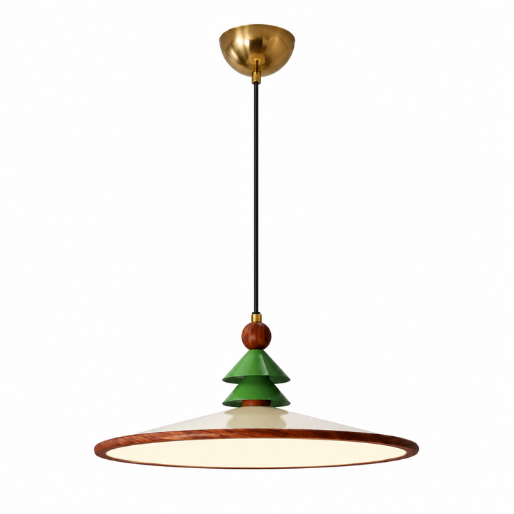 Cone pendant light with brass canopy, green pine cap, and large brown ring shade.