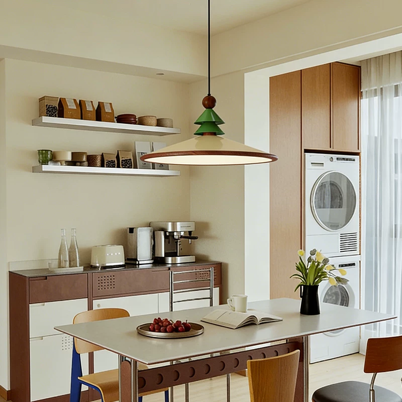 Pine-topped cone pendant light with green shade, brass ring diffuser, and brown finial.