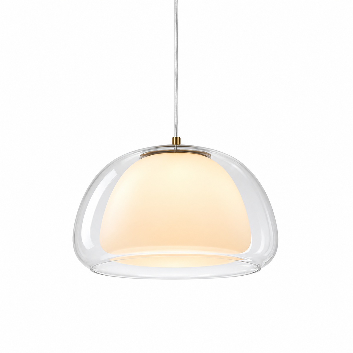 Curved glass pendant light with clear glass dome and warm interior glow.