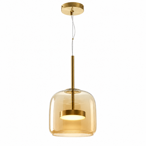 Amber glass pendant light with gold canopy and cord-hung diffuser