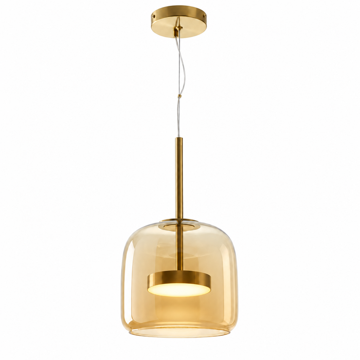 Amber glass pendant light with gold canopy and cord-hung diffuser
