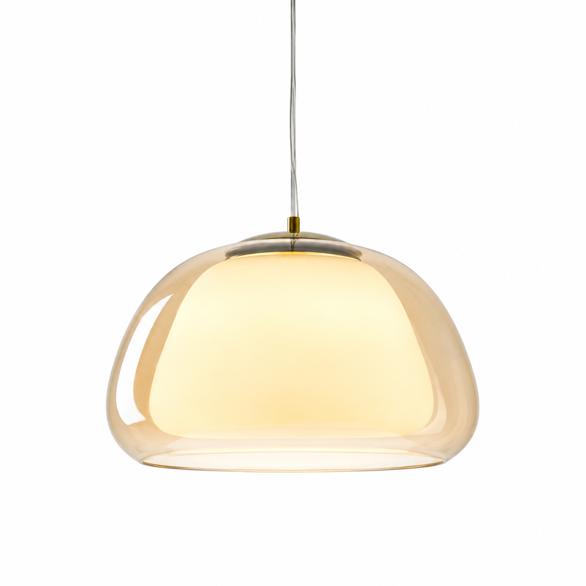 Cognac glass curved pendant light with rounded dome shade and gold-toned top