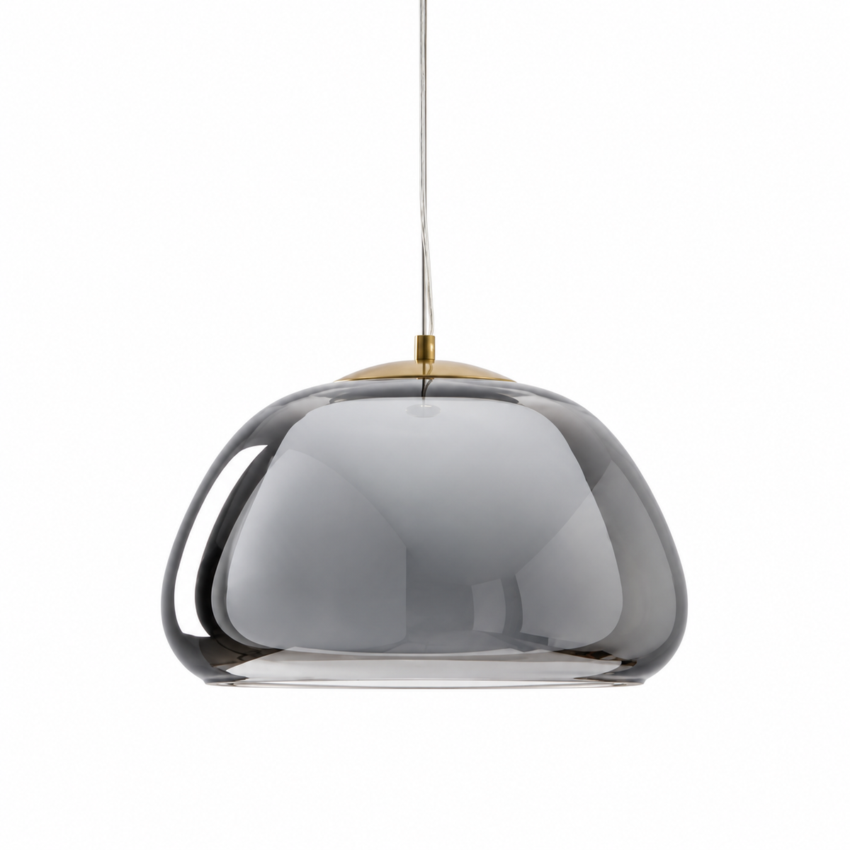Smoky gray glass curved pendant light with rounded dome shade and gold-toned top