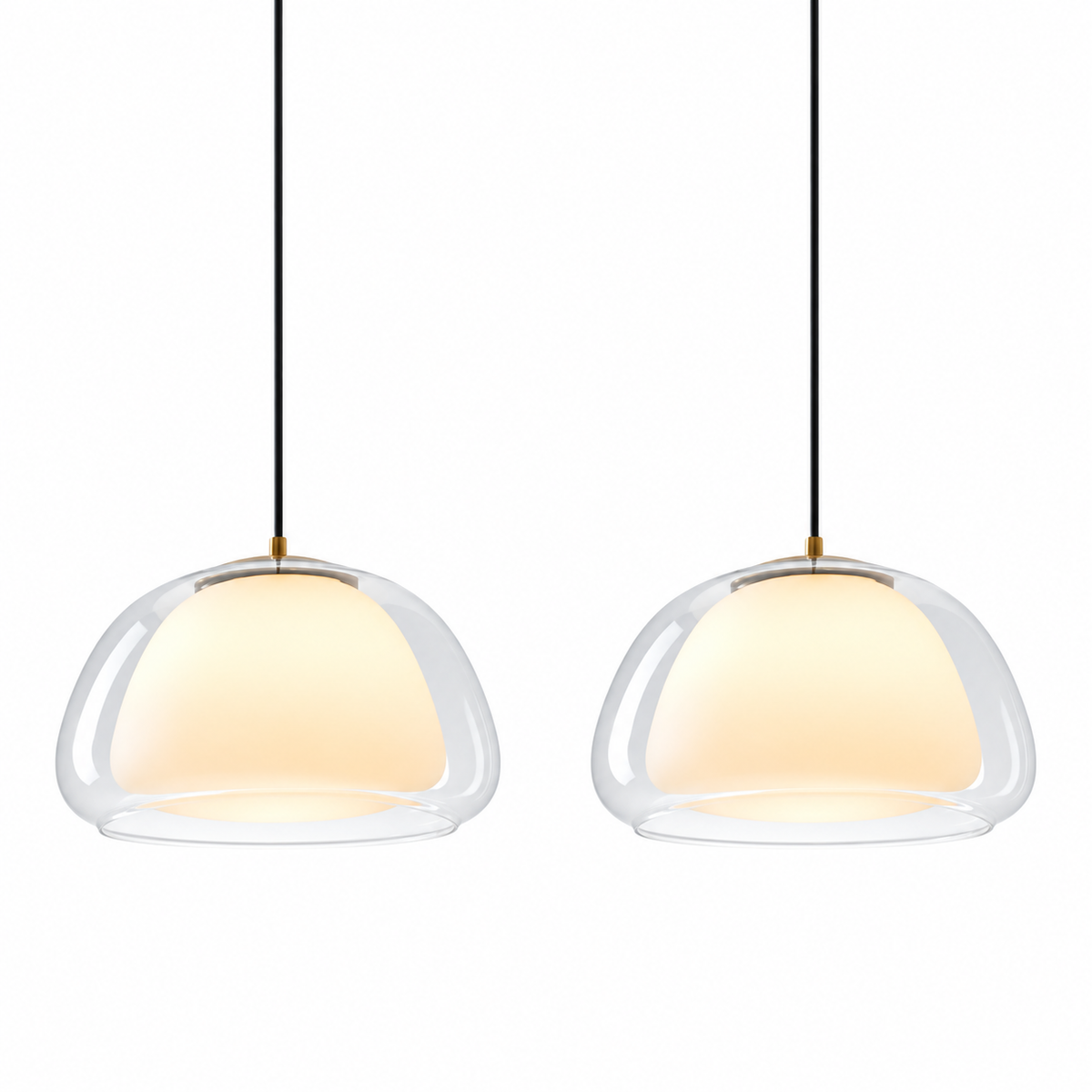 Clear glass curved pendant lights set with two rounded dome shades