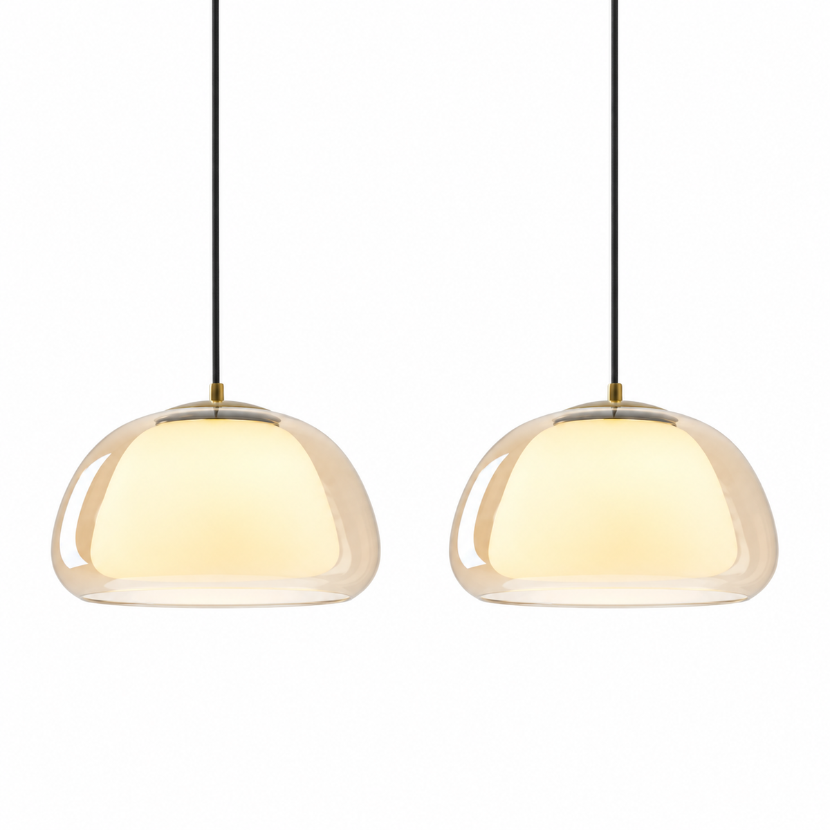 Cognac glass curved pendant lights set with two rounded dome shades