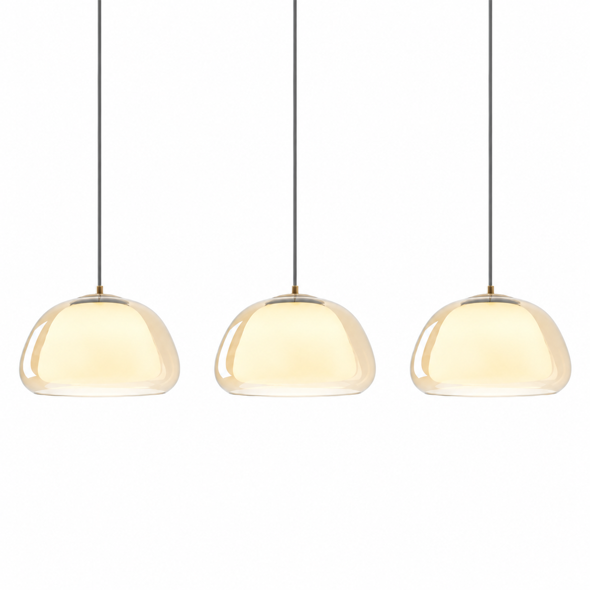Curved glass pendant light with cognac-tinted dome shade and gold cord