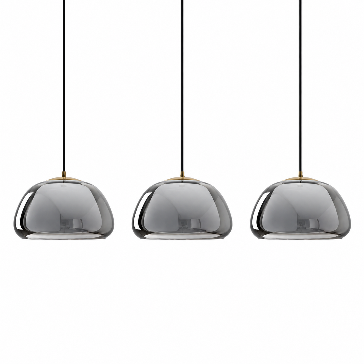 Curved glass pendant light with smoky gray dome shade and gold cord