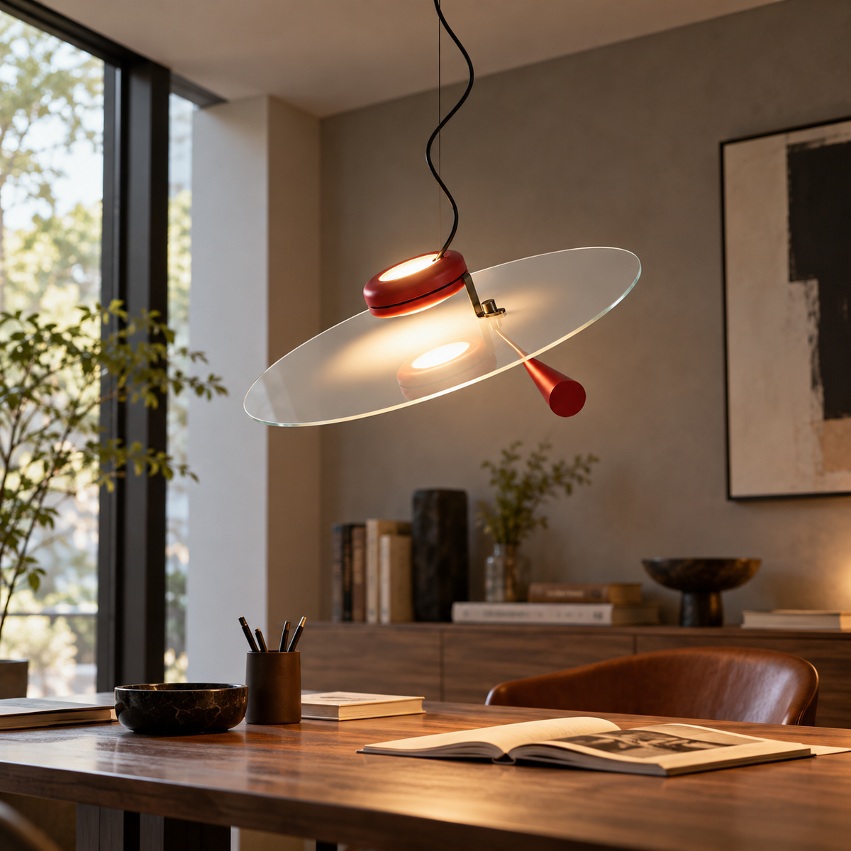 Single counterbalance pendant light over dining table, red canopy and wide glass shade