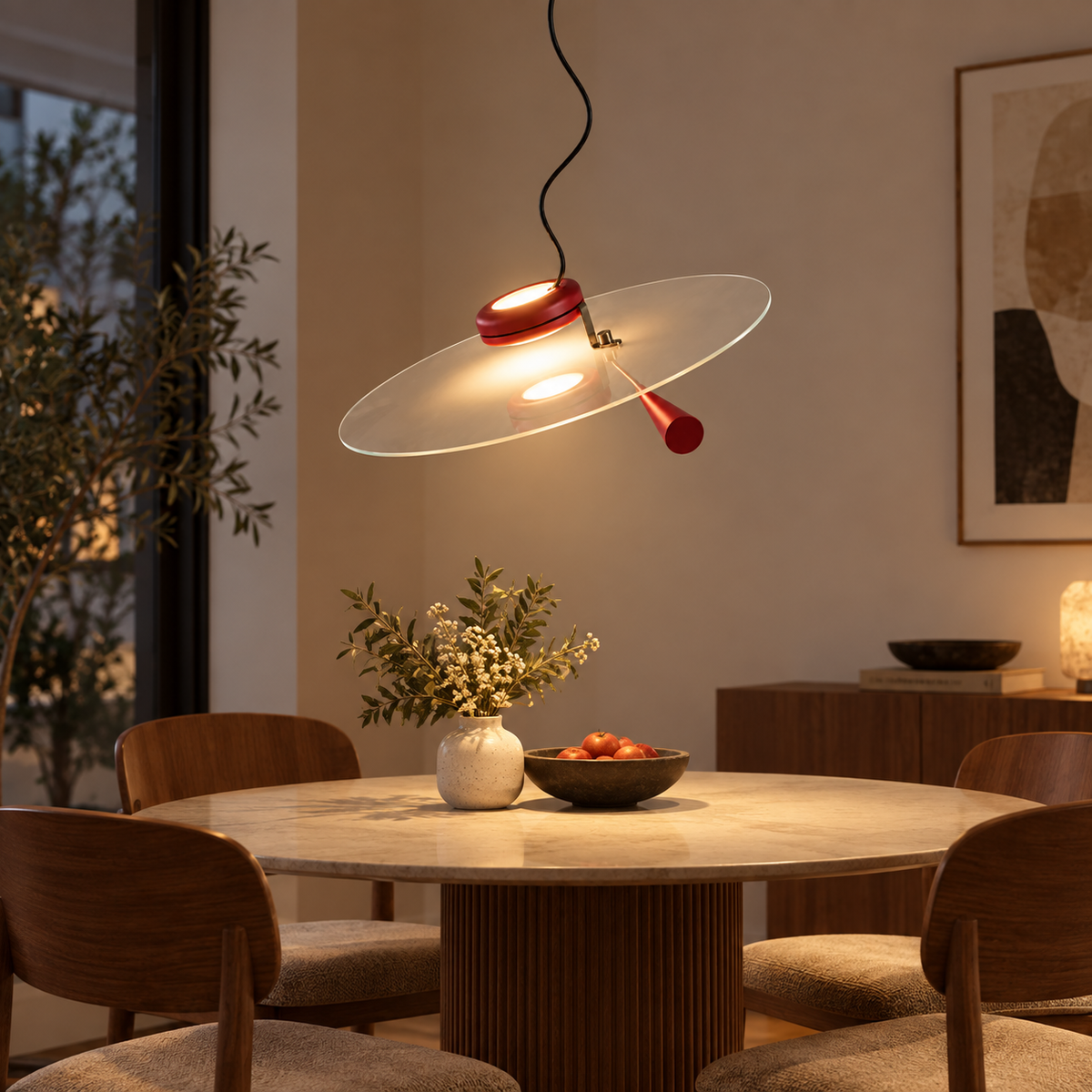Counterbalance pendant light with red canopy and wide glass shade above dining area