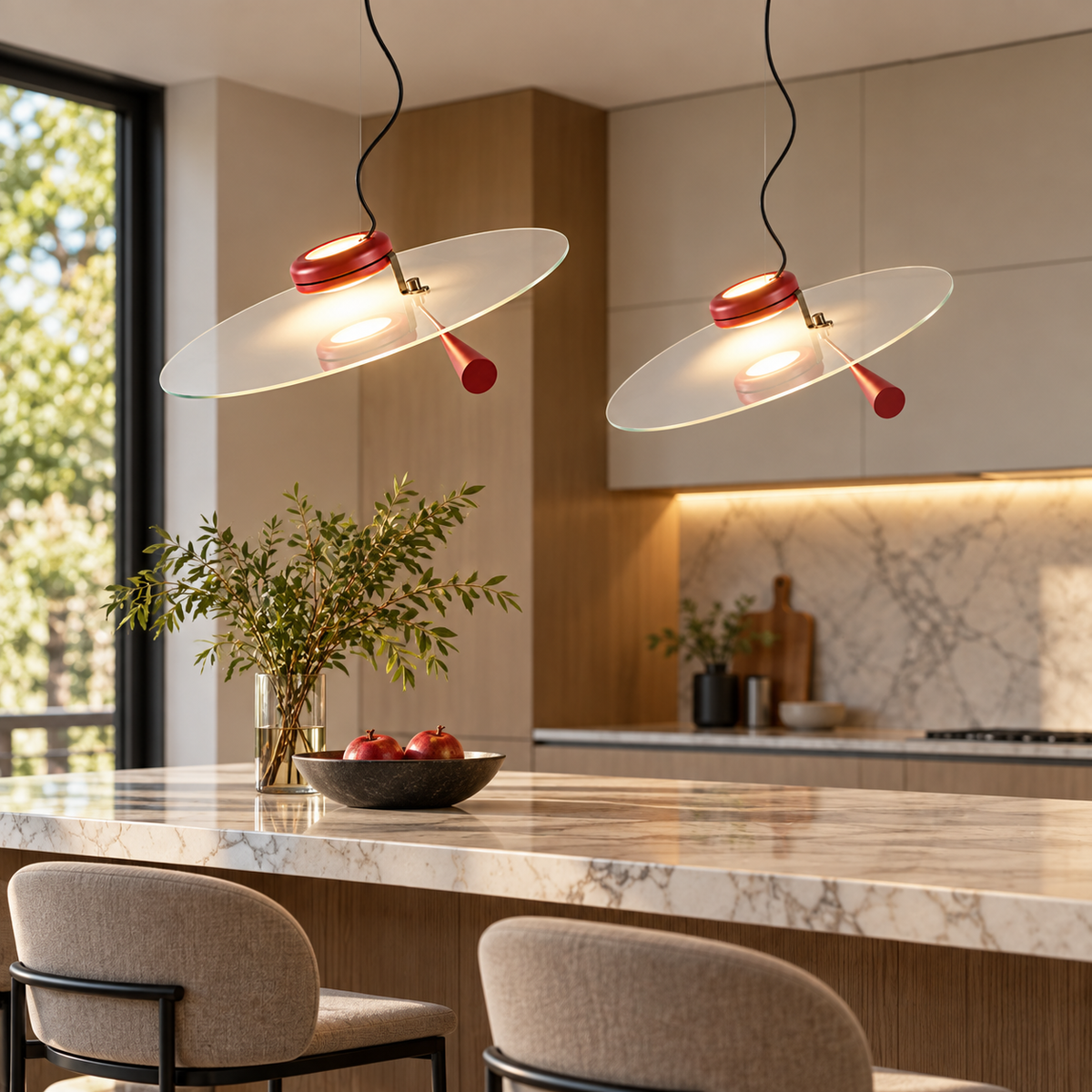Two counterbalance pendant lights with red canopies and wide frosted glass shades