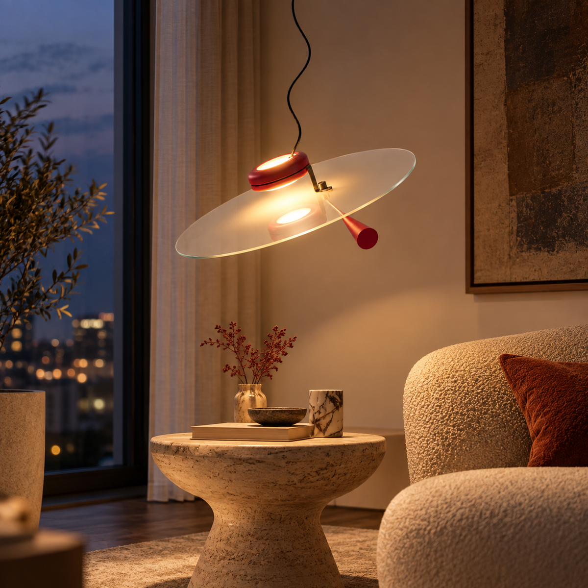Counterbalance pendant light with red canopy and wide frosted glass shade near sofa