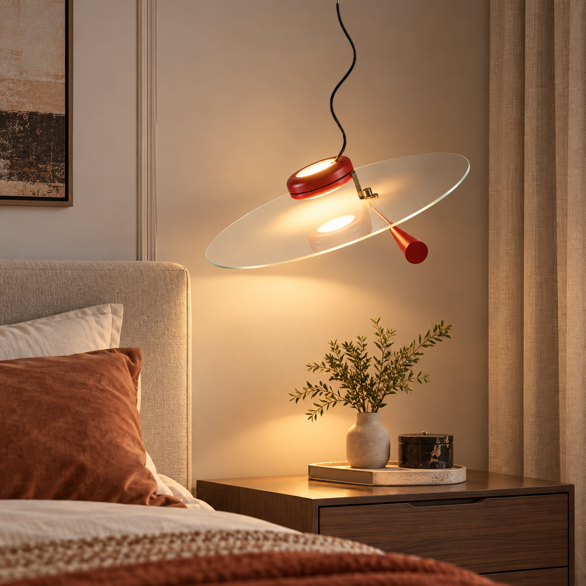 Counterbalance pendant light with red canopy and wide glass shade over nightstand