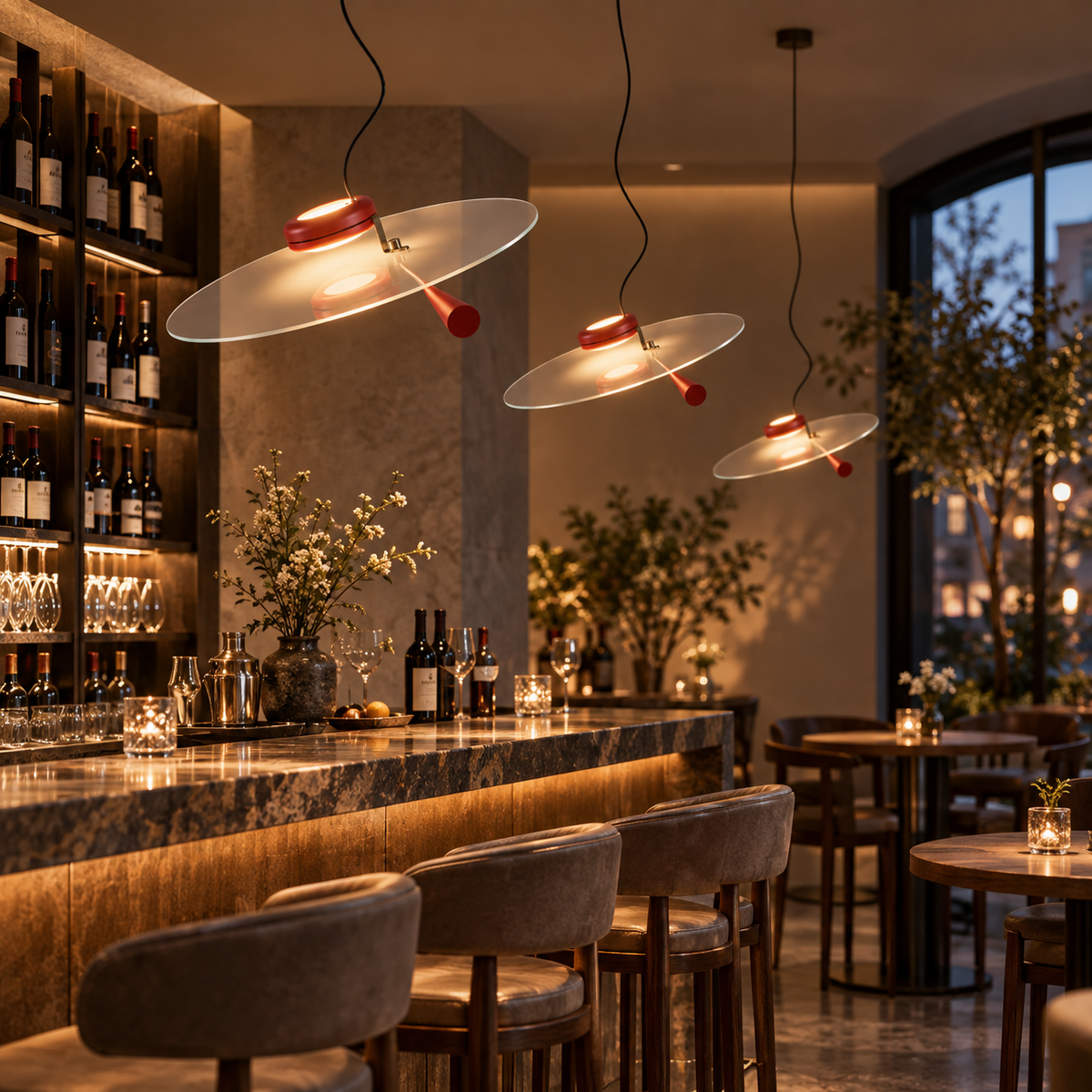 Multiple red-canopy counterbalance pendant lights with wide glass shades over bar counter