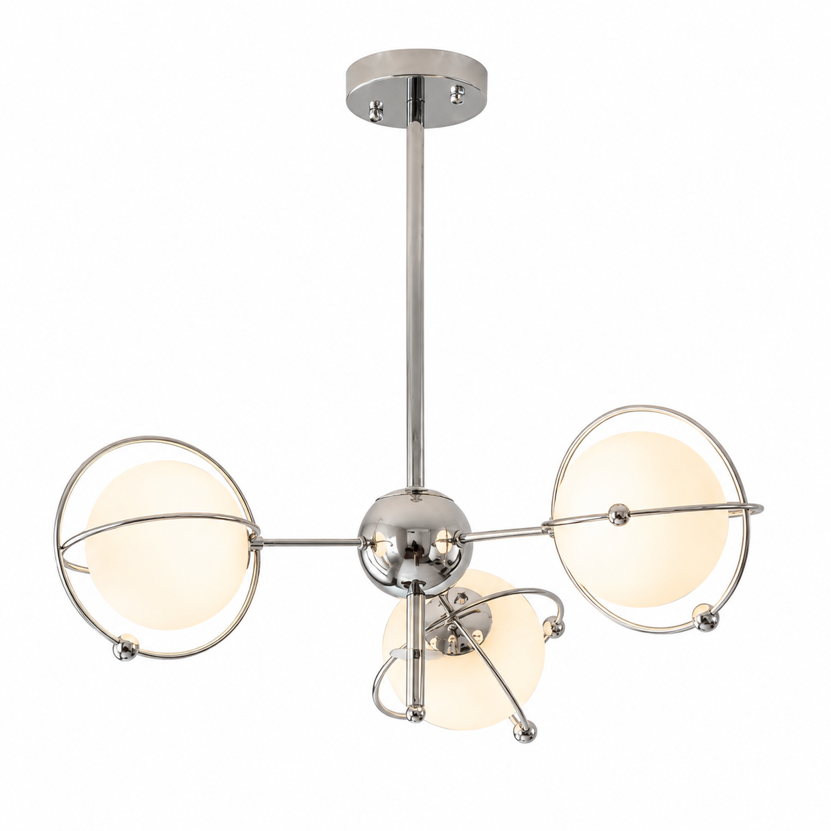 Polished chrome orbit-style chandelier with three round opal glass shades and radial arms