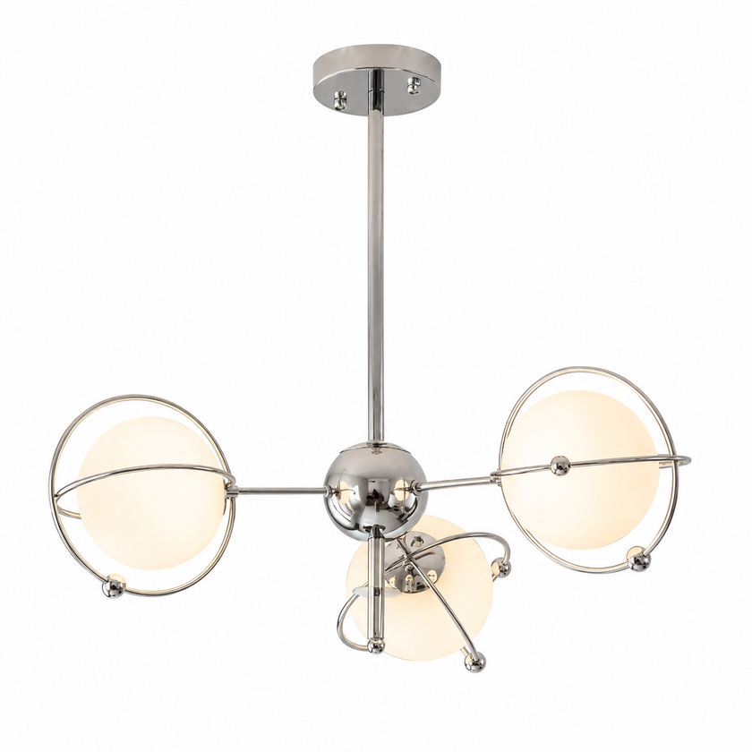 Polished chrome orbit-style chandelier with three round opal glass shades and radial arms
