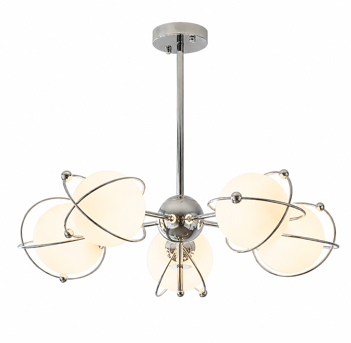 Orbit-style ceiling chandelier with chrome stem, circular arms, and frosted round glass shades