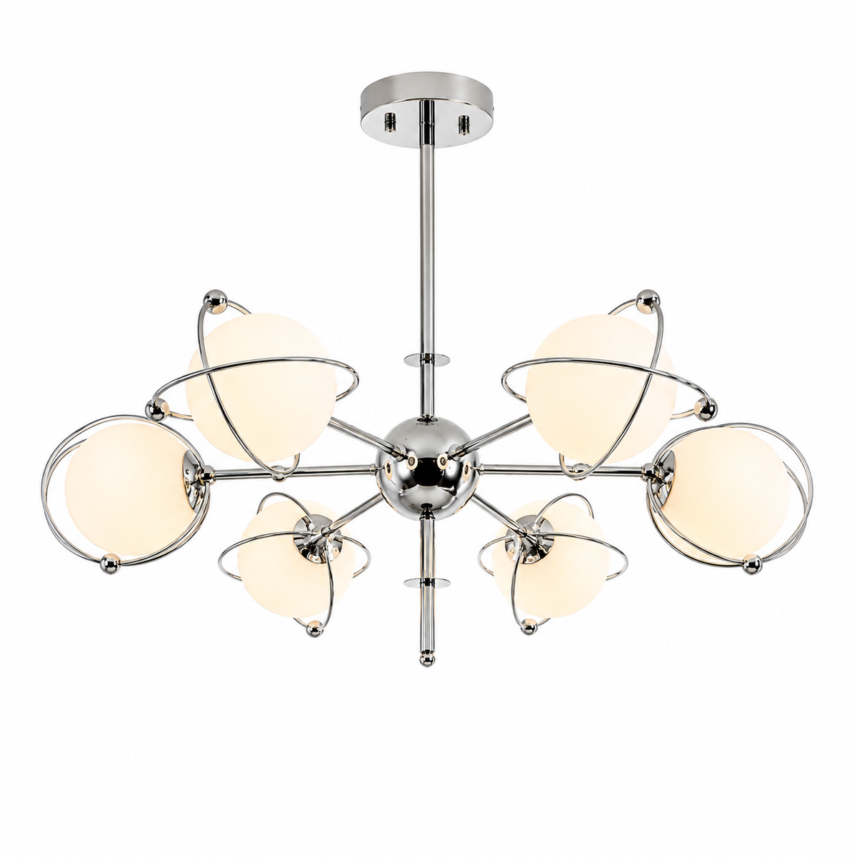 Orbit-style chandelier with chrome central hub, curved arms, and frosted round shades