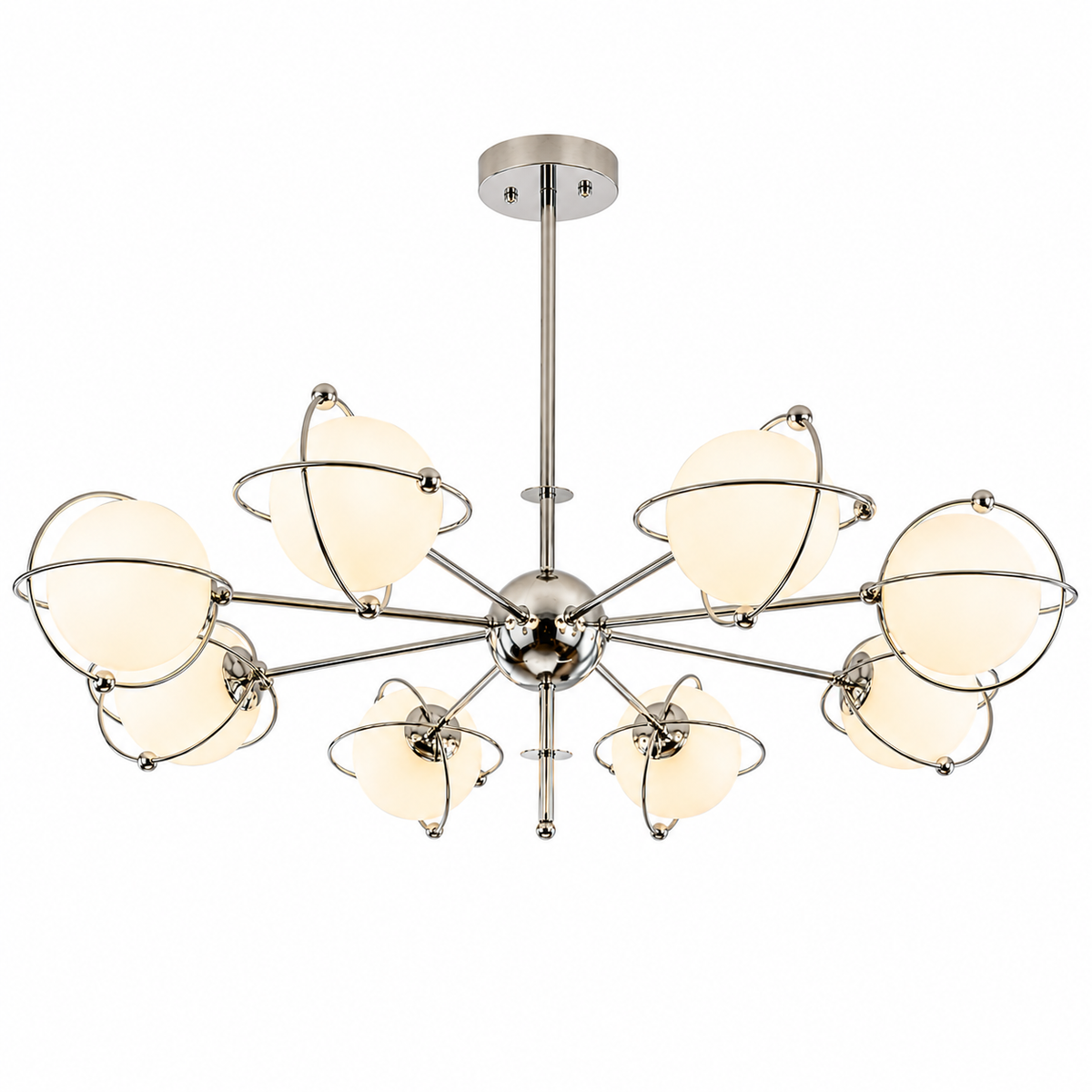 Orbit-style ceiling chandelier with chrome arms, frosted round glass shades, and rings