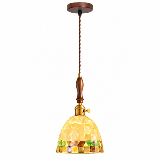 Antique brass mini pendant light with mosaic glass shade and spindle stem
