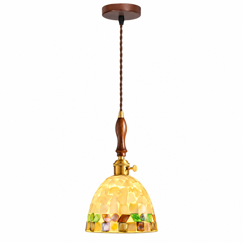 Antique brass mini pendant light with mosaic glass shade and spindle stem