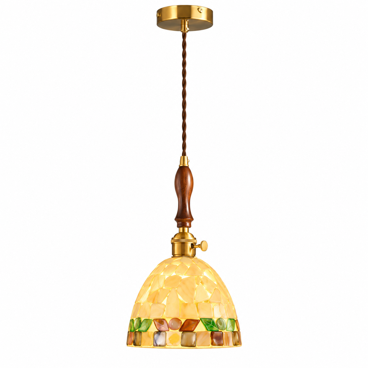 Mini glass pendant light with amber faceted shade and multicolor band, brass canopy