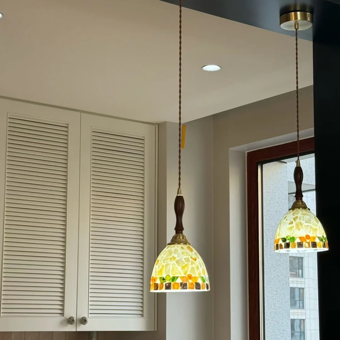 Mini pendant light with mosaic glass shade and antique brass top hardware
