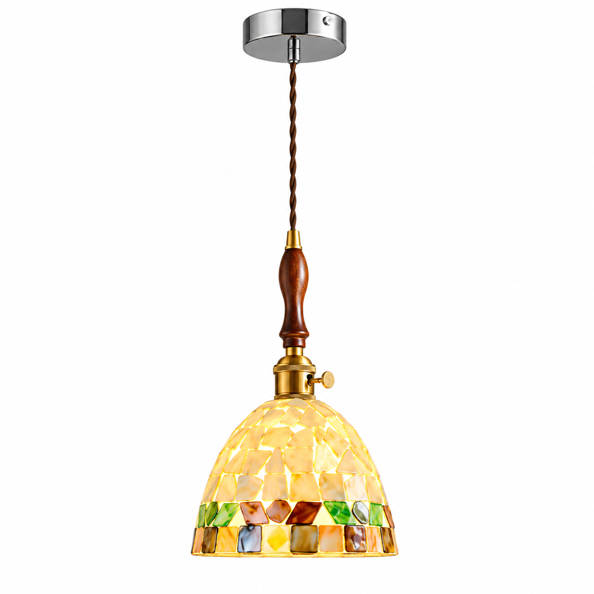 Mini glass pendant light with amber faceted shade and multicolor band, chrome canopy