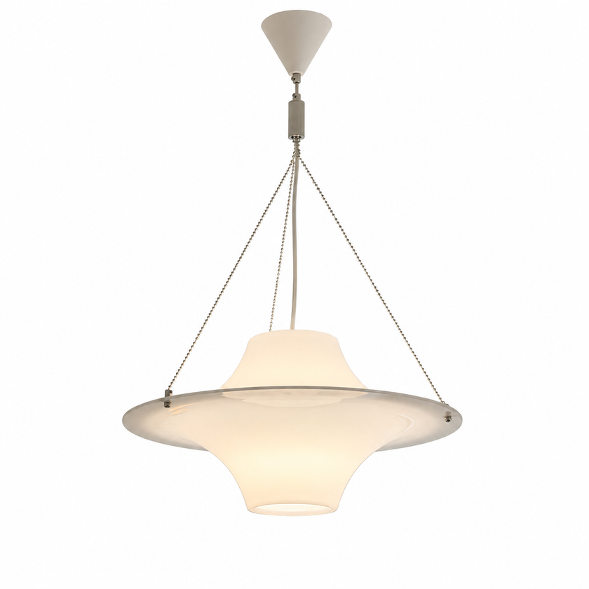 Bloom Lokki pendant light with white disc-shaped shade and hanging metal cords