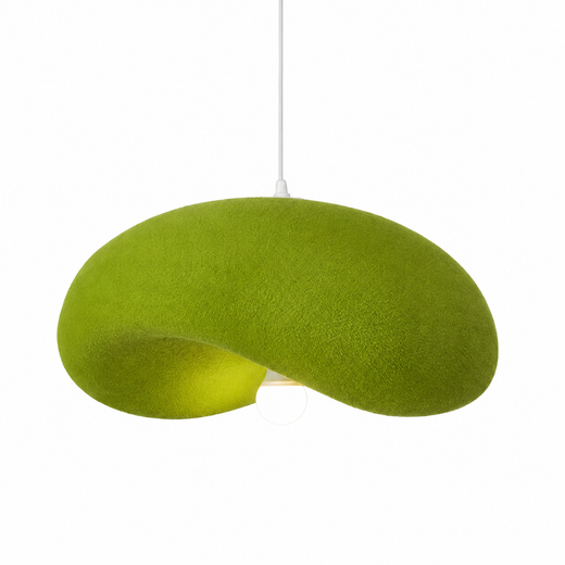 Olive green organic disc pendant light with fabric-wrapped shade and hanging cord