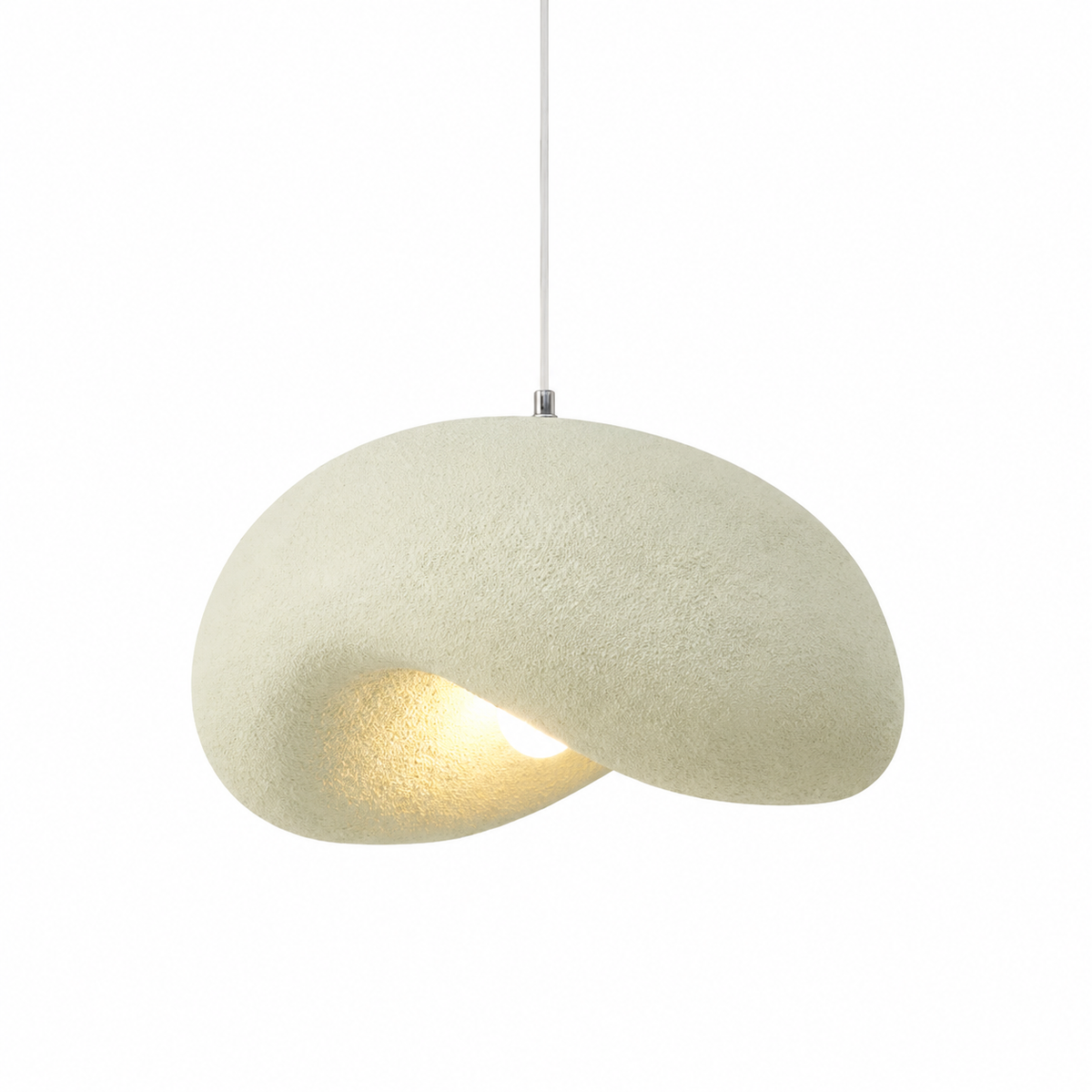 Light olive textured disc pendant light with exposed bulb under the shade