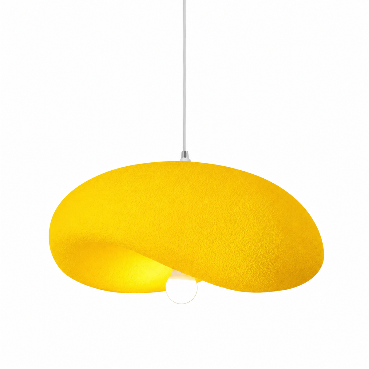Mustard yellow textured disc pendant light with exposed bulb under the shade
