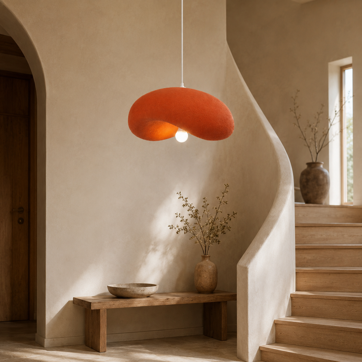 Warm coral organic disc pendant light with fabric-wrapped disc shade and cord