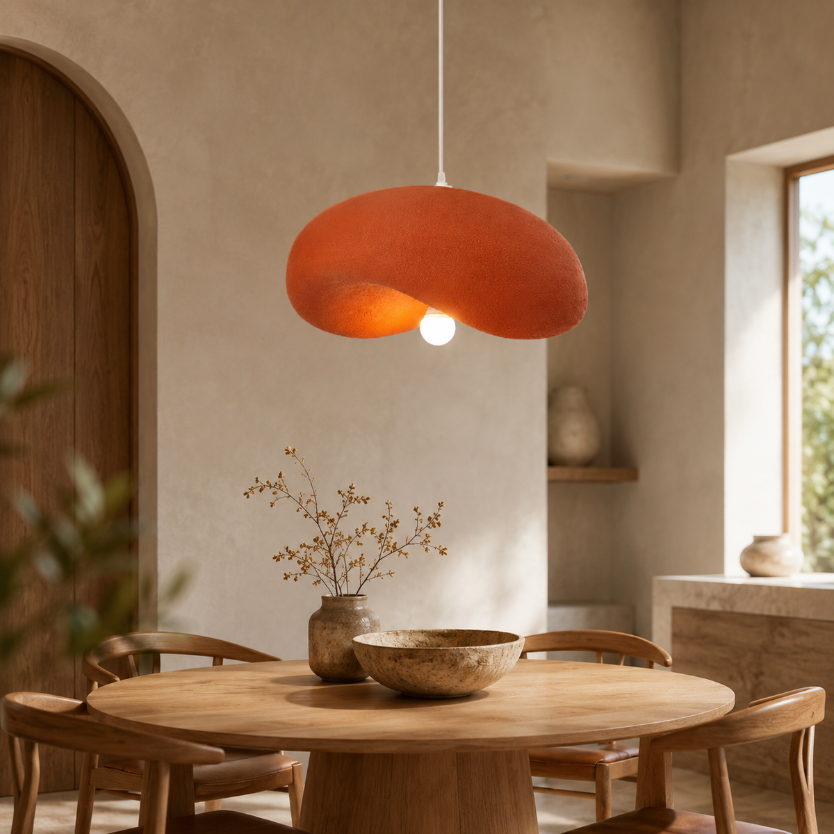 Warm coral organic disc pendant light with textured fabric shade and hanging cord