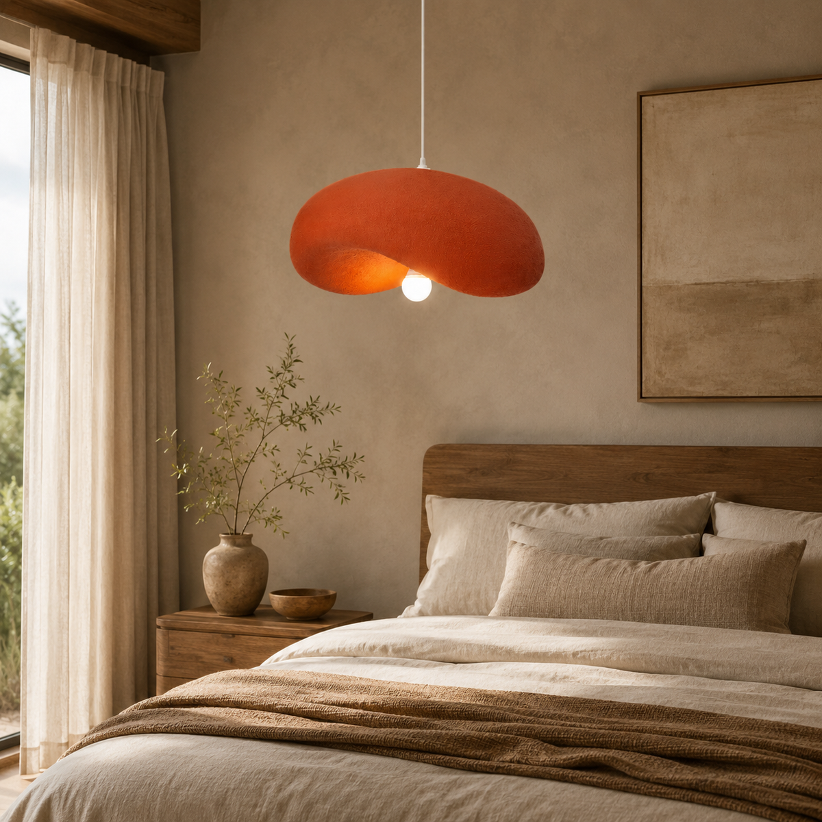 Warm coral textured disc pendant light with exposed bulb beneath the shade
