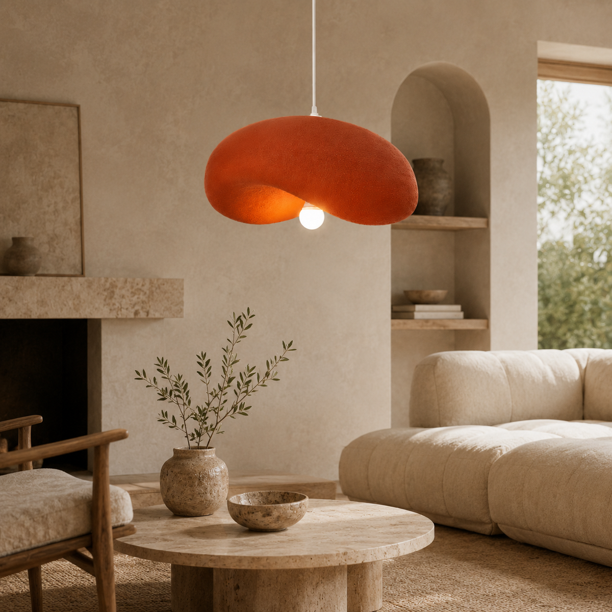 Warm coral organic disc pendant light with fabric-wrapped dome shade and cord