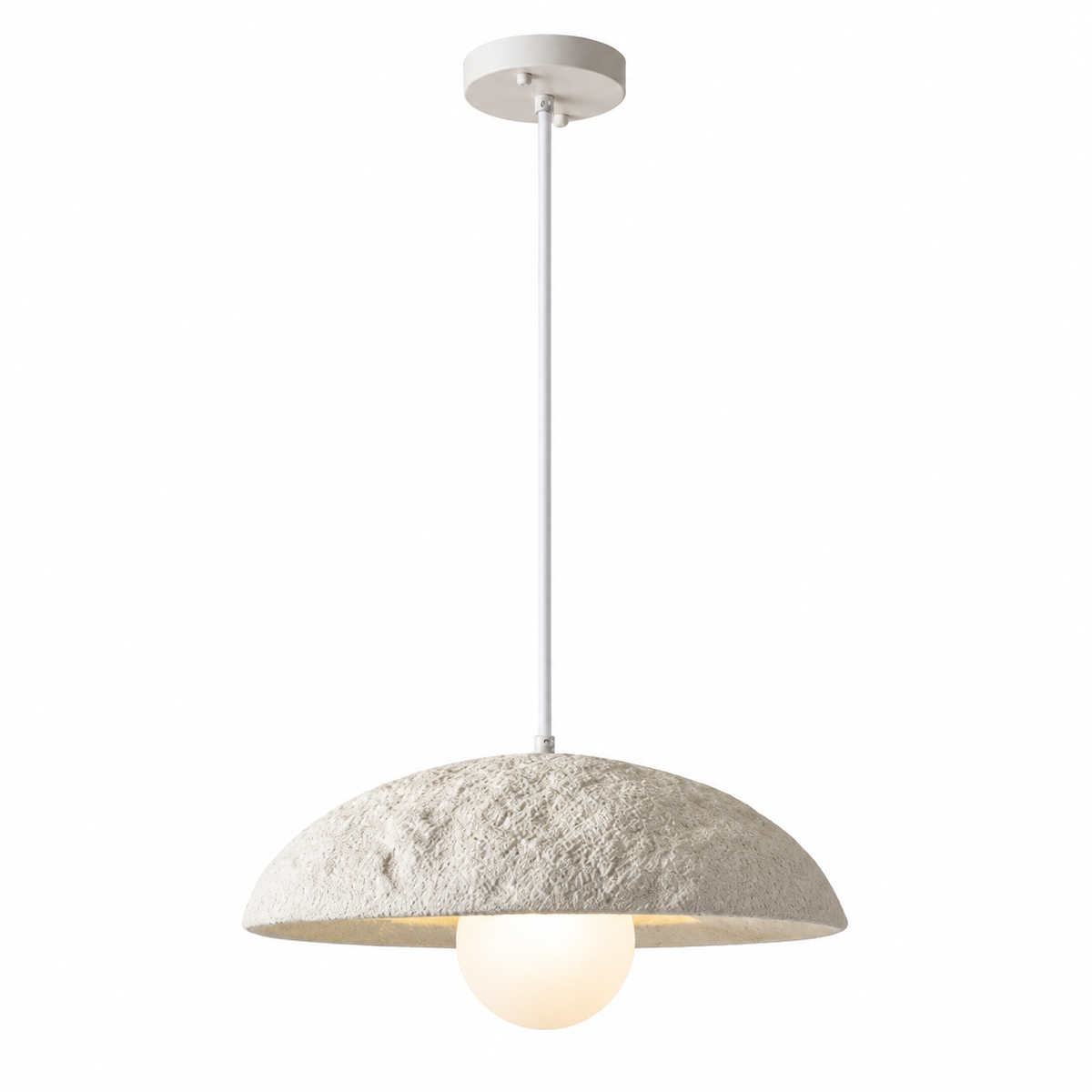 Ivory white dome pendant light with textured fabric shade and warm white bulb