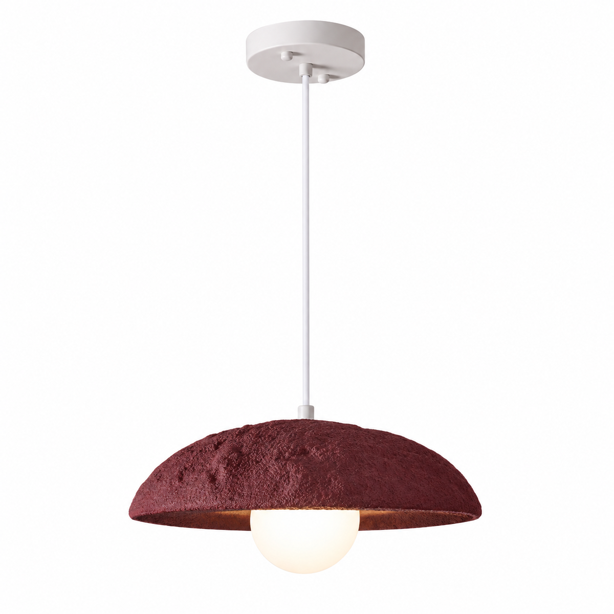 Wine red dome pendant light with textured fabric shade and warm white bulb