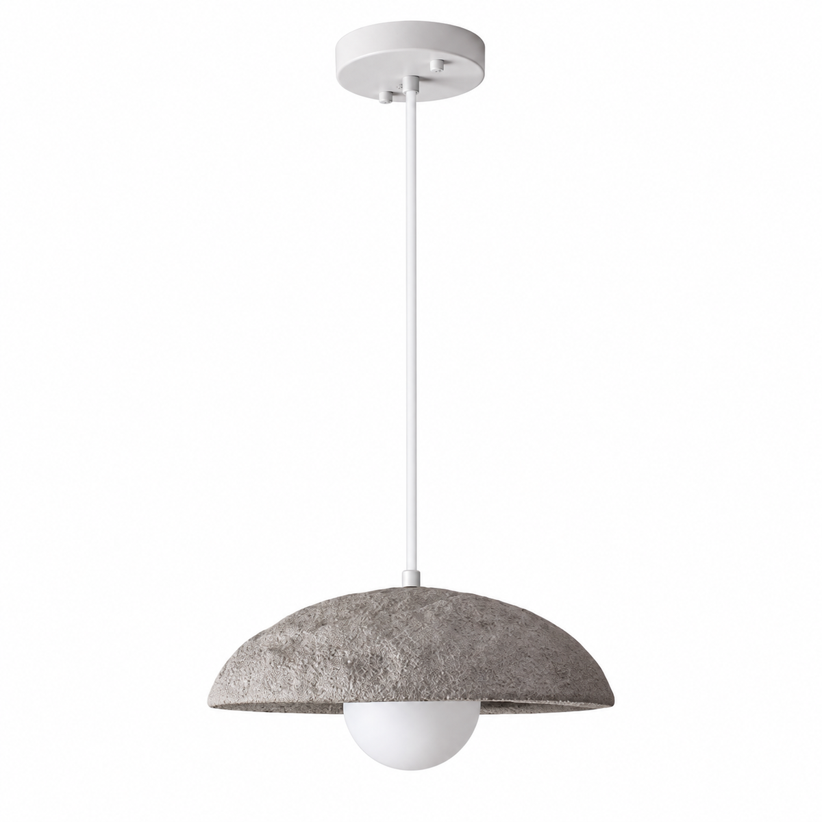 Stone gray dome pendant light with textured fabric dome and warm white bulb