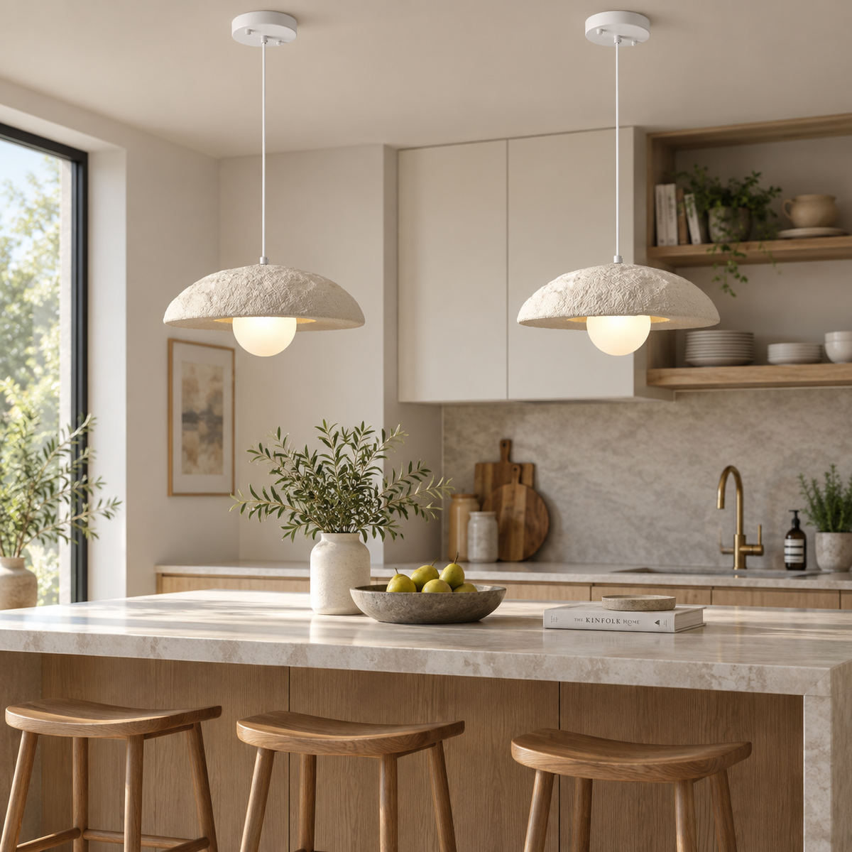 Ivory dome pendant light with two hanging fixtures, textured beige shades, white stems