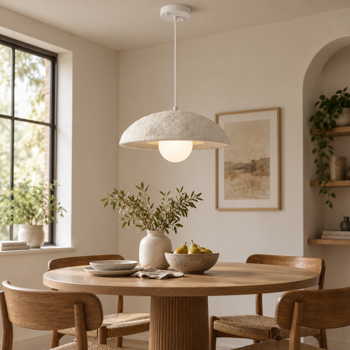 Ivory dome pendant light with textured dome shade and round ceiling canopy
