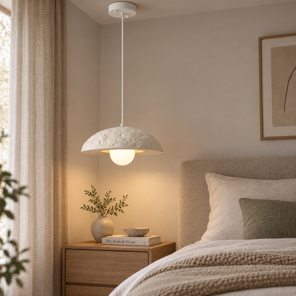 Ivory white dome pendant light with textured fabric shade and round white canopy