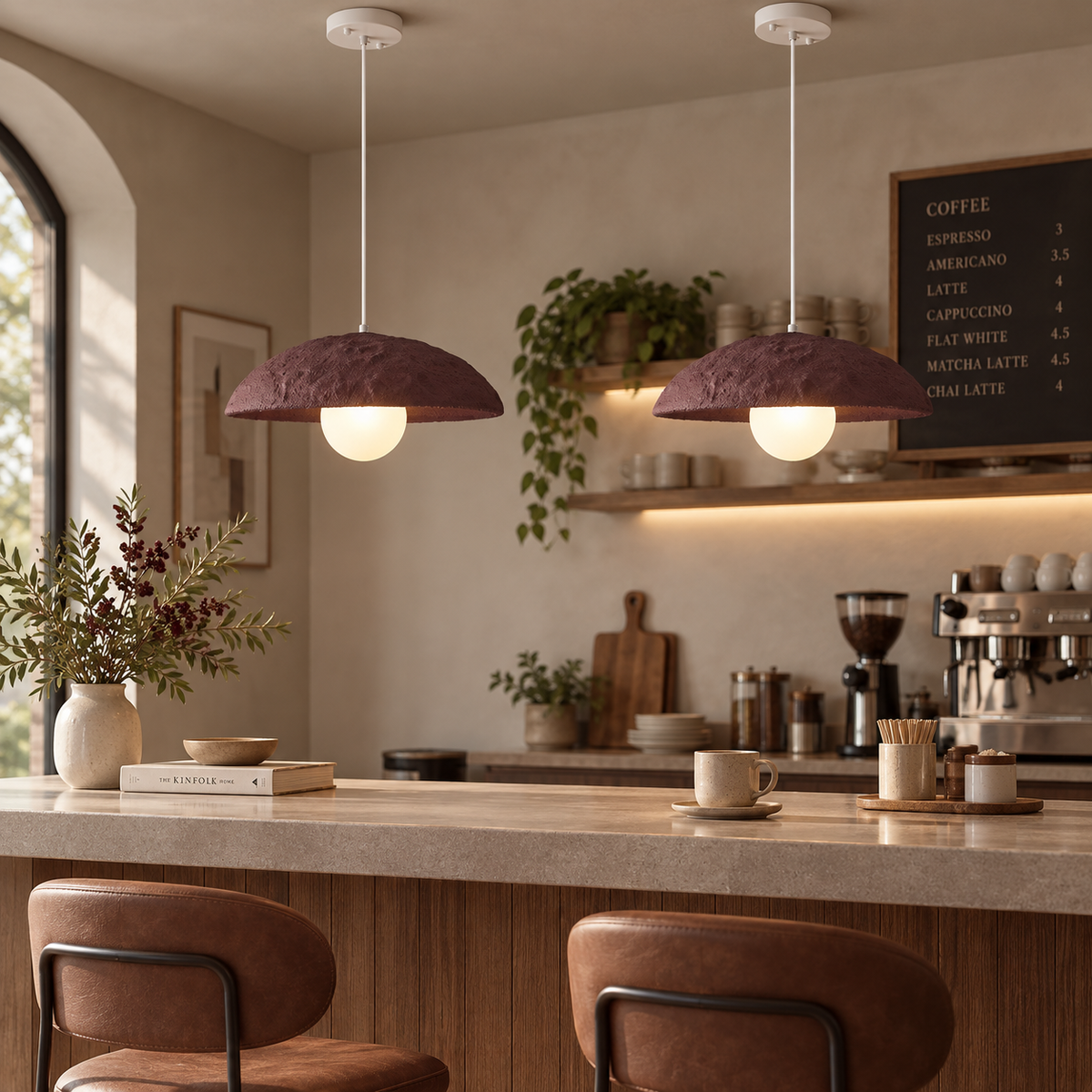 Wine red dome pendant light pair with textured fabric shades and warm bulbs
